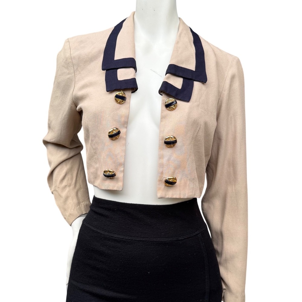 Dawn Joy Fashions Cropped Blazer Nautical Gold Button 80s Vintage Tan Navy Sz 8
